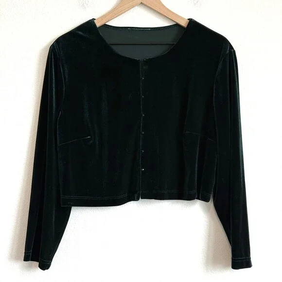 Vintage Whimsigoth 90s Velvet Emerald Cardigan 12 Rampage Cropped Rhinestone - Picture 2 of 7